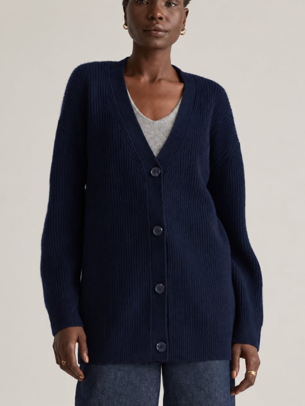 Quince Cashmere Oversized Boyfriend Cardigan (Navy Blue, XL)